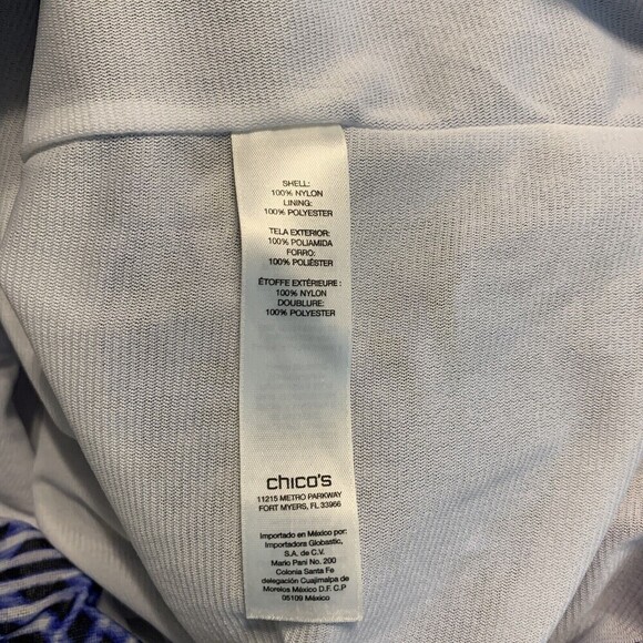 Chico's Womens Size Large Blue Black White Printed Mesh Overlay Nylon Blouse - Picture 5 of 6